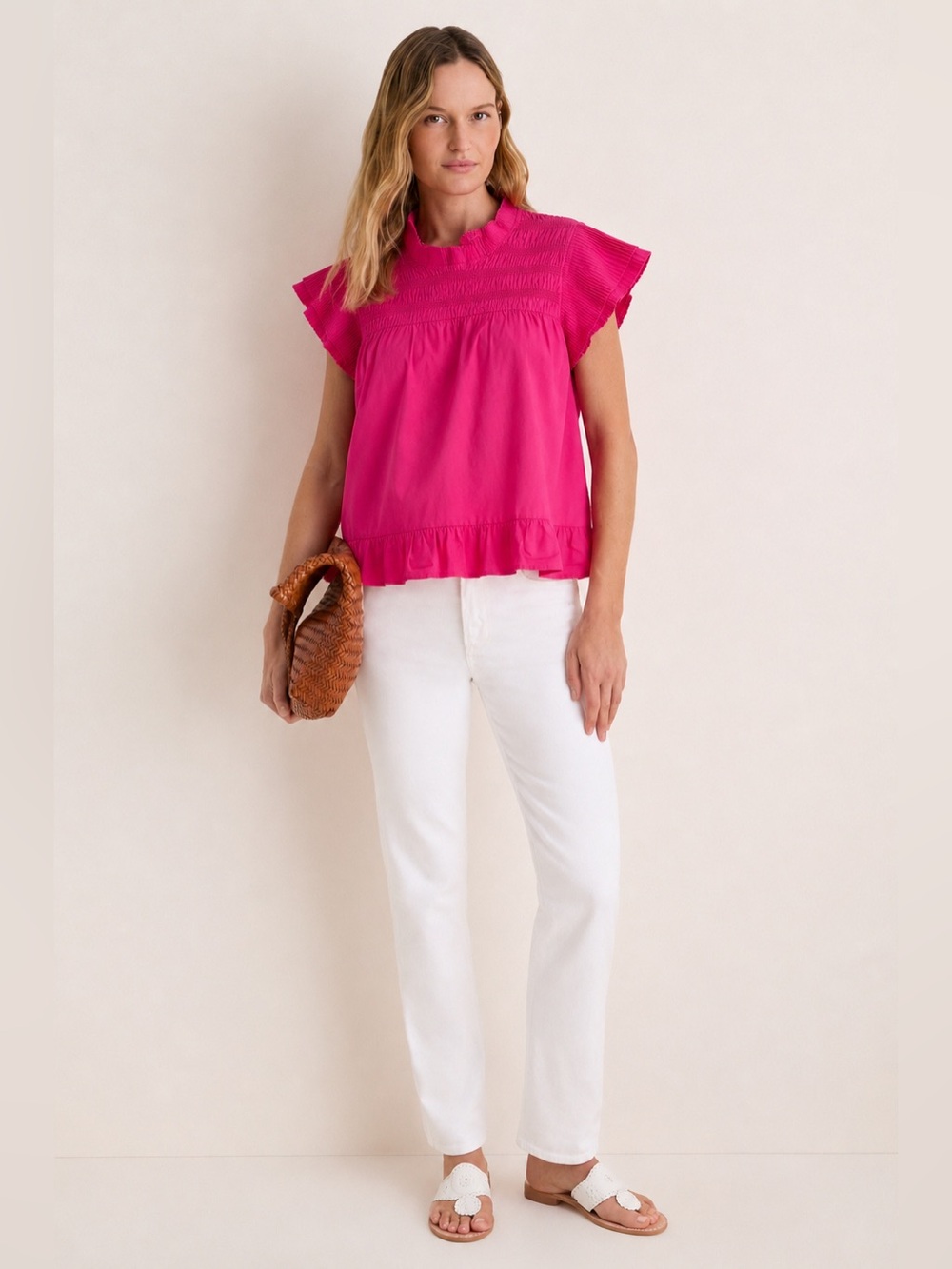 Love the Label Poplin Smocked Top Pink Cotton Pleated Bright Size XS 337